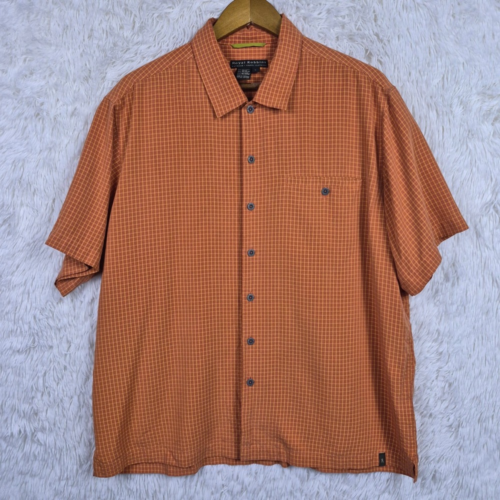 Royal Robbins Mens Large Orange Plaid Short Sleeve Button Down Travel Shirt